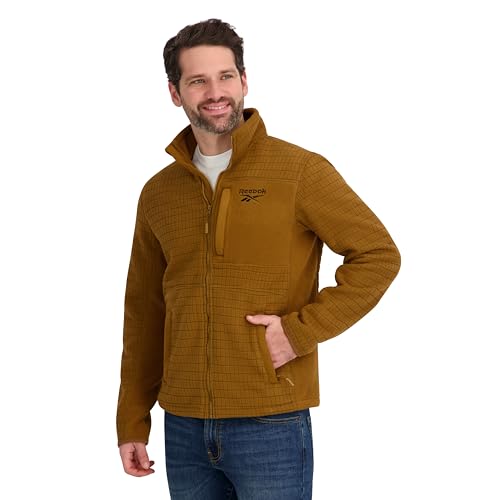 Reebok Mens Mock Neck Zip-Up Grid Polar Fleece Shell Jacket, Timber, M