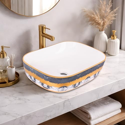 Image of Bonkaso Designer Ceramic Table Top Wash Basin | Grey White with Golden Texture Rectangular Countertop Vanity Sink | 45 x 32.5 x 13.5 cm Premium Glossy Bathroom Basin - P1023
