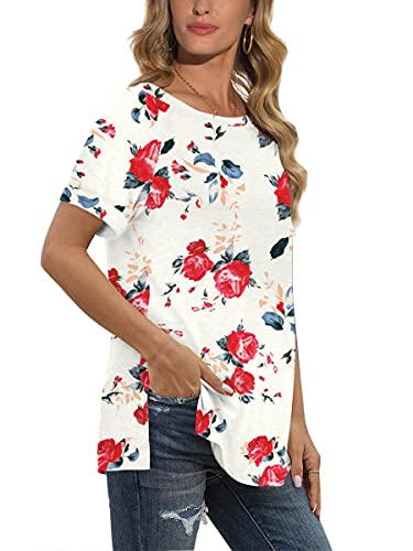 Juniors Short Sleeve Summer T Shirt Tops Floral Flower Tunic Soft Silky White Xl #TOP1