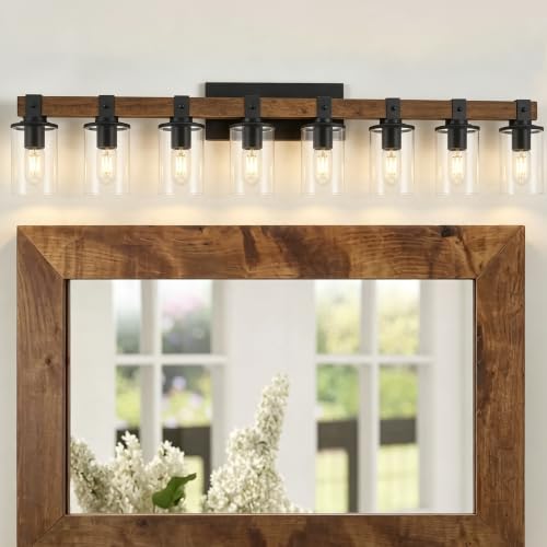 Image of 8-Light Farmhouse Vanity Light Fixture, Bathroom Wood Wall Light Over Mirror with Clear Glass Shade, Rustic Vintage Wall Sconce Lighting