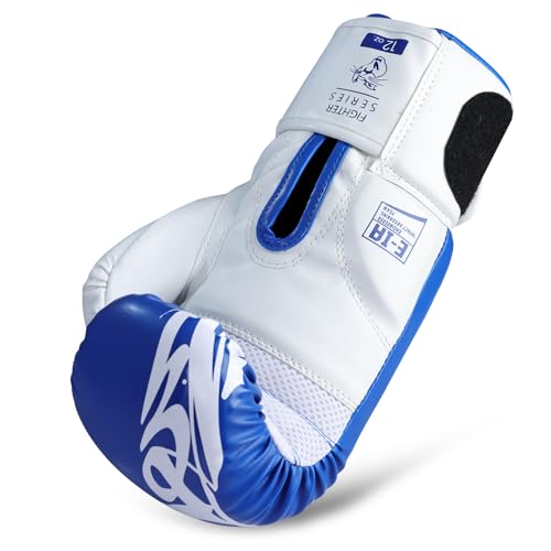 Image of MAUZER Tribal Shadow Fighter Boxing Gloves Training and Sparring Gloves with EIA Foam Padding Ventilated Palm Secure Thumb Lock Fit Velcro Wrist Support (Blue, 14 Oz)