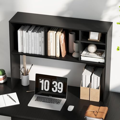 Image of Tangkula Desktop Bookshelf, Countertop Storage Hutch with 4 Shelves for Computer Desk, Desktop 2-Tier Display Rack, Multipurpose Wood Desk Hutch Storage Organizer for Dorm Office Home (Black)