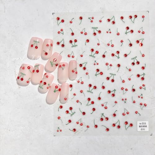 SoftSoul Cherry Nail Stickers, 5D Embossed Rhinestones - Premium Salon-Quality, Easy Application, Self-Adhesive French Tip Red Cherries for DIY Manicure Nail Art