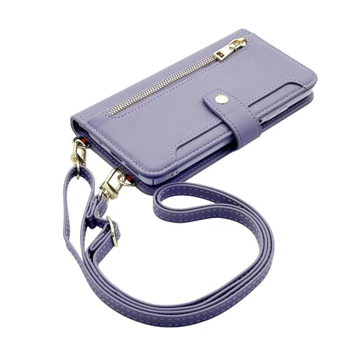 iPhone17 Pro Max アイフォン17プロマックス 対応 スマホショルダー 手帳型 スマホ ケース (手帳アッシュラベンダー) くすみカラー ニュアンスカラー 斜めがけ ストラップ 付き 落下防止 カード収納 PUレザー 小銭入れ 財布型 ジッパ