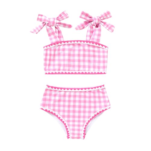 YOUNGER TREE Toddler Girls Two Pieces Swimsuit Color Block Stripe Swimwear Summer Beach Bathing Suit 18M-5T(5-6T,Pink-Grid)