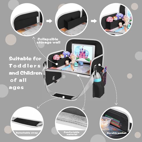 Image of MENZOKE Kids Travel Tray for Car Seat, Road Trip Essential Kids Lap Tray | Toddler Gift for Boy Activities with Dry Erase Board, No-Drop iPad Holder Stand, Cooler Cup Holder & Adjustable Strap, Black
