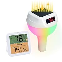 Solar Poolthermometer IP68 Wasserdicht, Drahtloses Schwimmbadthermometer mit Indoor-Temperatur- und Luftfeuchtigkeitsmonitor, Schwimmendes Display mit dynamischer Lichtshow, 100m Drahtlose Verbindung