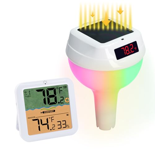 Solar Poolthermometer IP68 Wasserdicht, Drahtloses Schwimmbadthermometer mit Indoor-Temperatur- und Luftfeuchtigkeitsmonitor, Schwimmendes Display mit dynamischer Lichtshow, 100m Drahtlose Verbindung
