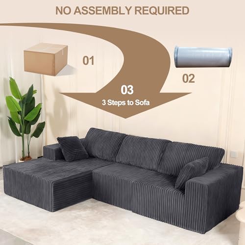 Image of L Shaped Modular Boneless Sectional Couches for Living Room, Wide Armrest, Deep Seat, Memory Foam, Assembly Free, Modern Comfy Corduroy Fluffy Cloud Sofa with Left Chaise, Grey