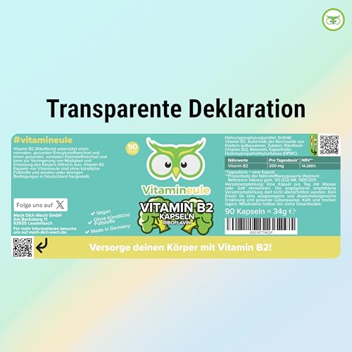 Vitamin B2 Kapseln - hochdosiert 200 mg Riboflavin - bioaktiv & vegan - Produktion in Deutschland - ohne Zusatzstoffe & laborgeprüft - für Erwachsene & Kinder - Kapseln statt Tropfen - Vitamineule