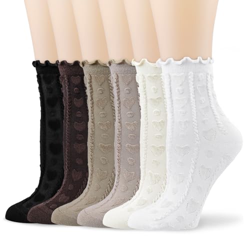 BIVOLU Womens Cute Ankle Socks Ruffle Cotton Frilly Trim Breathable Dress Ruffled Socks 6 Pack