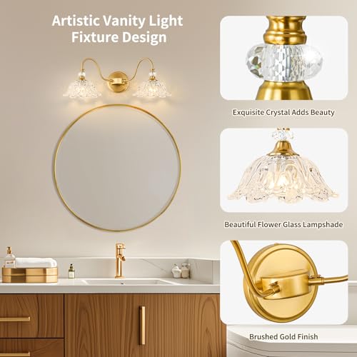 Image of Gold Bathroom Vanity Light, 2-Light Brushed Gold Finish Vanity Light with Floral Clear Glass Shades, Retro Wall Mount Lighting for Bathroom, Dressing Table