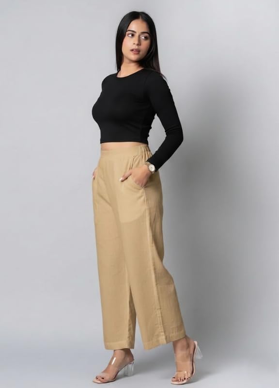 Image of Moirai Pure Cotton Wide Leg Women Trouser Stylish Mid Rise Relaxed Straight Fit Loose Pants Casual Travel Office Formal Wear