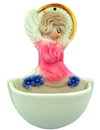 Religious Gifts Pink Pastel Colored Ceramic Holy Water Font with Praying Girl Angel