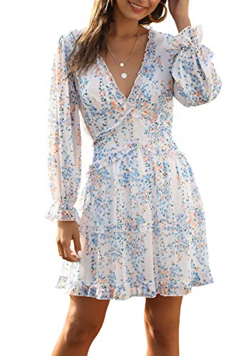 AOHITE Women's Spring Summer Deep V Neck Ruffle Long Sleeve Floral Print Backless Swing Mini Dress Light Blue S