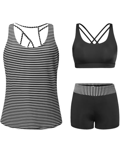 Image of 3 Piece Tankini Long Sleeve Swimsuits Athletic Rash Guard Bathing Suits | Modest,Full Coverage,High Waisted Short,Quick Dry,Criss Cross Back