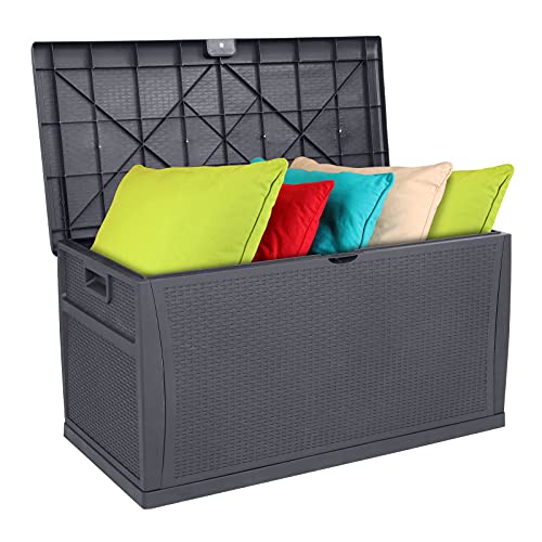 VINGLI 120 Gallon Large Deck Box Outdoor Storage Box with Lid Plastic Patio Furniture Container Bin Rattan Grain Surface for Cushions Books Garden Tools Pool Accessories Grey