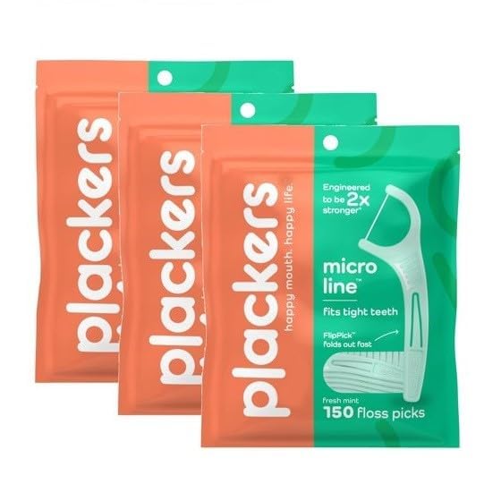 Plackerrs Micro Line Dental Floss Picks Fresh Mint Flavor No-Break Tuffloss Technology FlipPick Design 150 Count 3 Pack