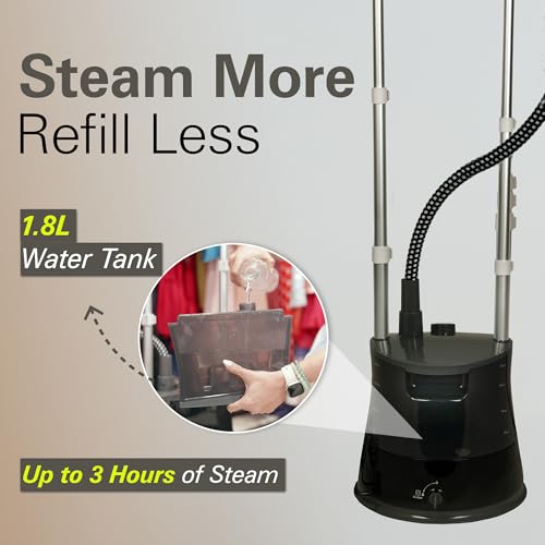 Image of Hamilton Beach Garment Steamer with Stand & Ironing Board, Garment Steamer for Clothes, 45g /min Steam Output, 20s Heat-Up, 6 Steam Levels, Standing Iron Steamer for Clothes with Press Stand (Black)