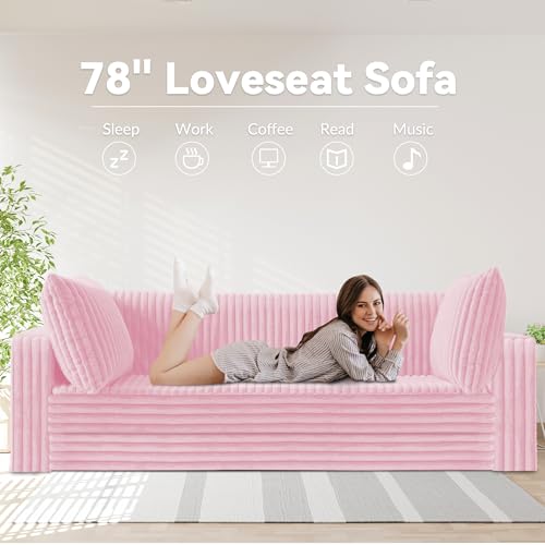 Image of HABUTWAY 78 inch Loveseat Boneless Couch, 4-in-1 Convertible Sofa Bed, Plush Fur Folding Futon Sofa Bed Couches with 2 Pillows for Living Room, High-Density Foam Support, No Assembly Required, Pink