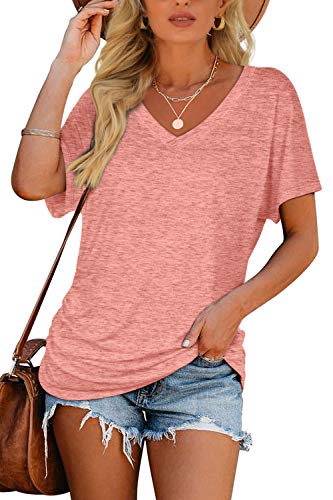 Image of WIHOLL Womens Summer T-Shirts Short Sleeve V Neck Dolman Tops with Side Shirring Loose Fit Shirts Spring Fashion