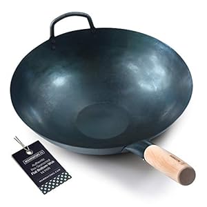 Mammafong Pre Seasoned Blue Carbon Steel Flat Bottom Wok -14 Inch Chinese Pow Wok – Traditionally Hand Hammered Woks and Stir Fry Pans…