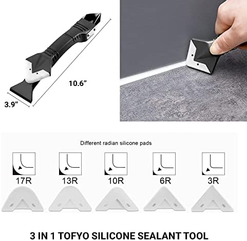 TOFYO Sealant Finishing Tool and Silicone Sealant Remover Tool with PVC Gloves UPGRADED Stainless Steel Head for Silicone Remover Tool & Silicone Caulking Tool Kit 3 in 1 for Kitchen/Tiles/Floor/Bath