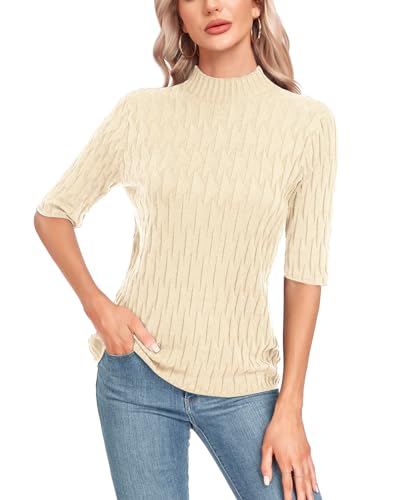 Image of MINTLIMIT Womens Turtleneck Sweaters Short Sleeve 2024 Fall Winter Casual Texture Shirt Blouse Knit Pullover Sweater