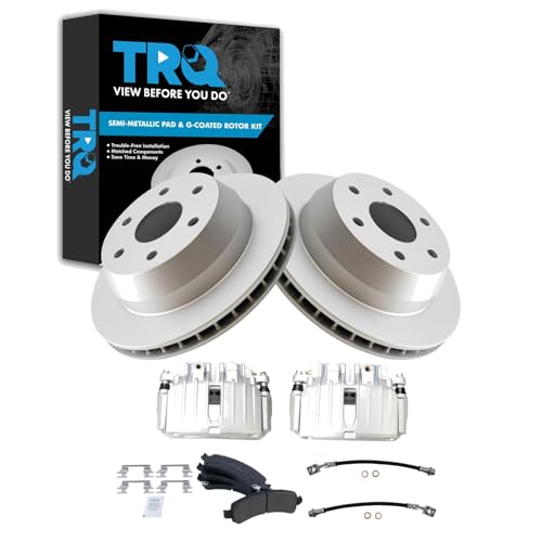 Image of TRQ Rear Brake Pad and Rotor Set Semi Metallic Coated Rotors Calipers Compatible with 2002 Chevrolet Avalanche 1500 Suburban 1500 Tahoe GMC Yukon Yukon XL 1500