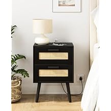 Nightstand,Boho Bedside Table,Rattan Night Stand with Rattan Decorated Drawers,Bedside Furniture, Wood End Table for Bedroom,Living Room,Natural Bohemian-Outlet, Black-2Drawer