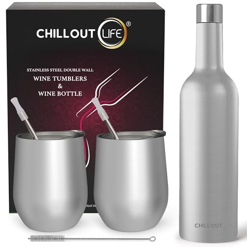 CHILLOUT LIFE Stainless Steel Wine Tumblers 2 Pack 12 oz & 1 Insulated Wine Bottle - Double Wall Vacuum Insulated Wine Cups with Lids and Straws Set