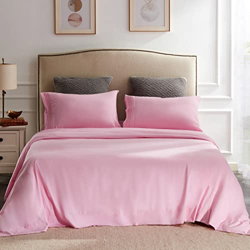 NexHome King Size Sheet Set Pink Bed Sheet Set for King Bed Soft Microfiber Bed Sheets Set Machine Washable Pink King Sheet Set 4 Pieces with 15-18 Inch Deep Pockets (Pink, King)