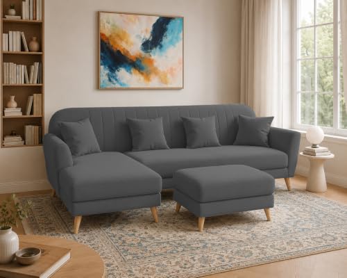 Image of Atticus LHS 6 Seater L Shape Sofa Set with Ottoman Living Room (Black Colour Fabric) Premium Fabric Sofa Set for Living Room