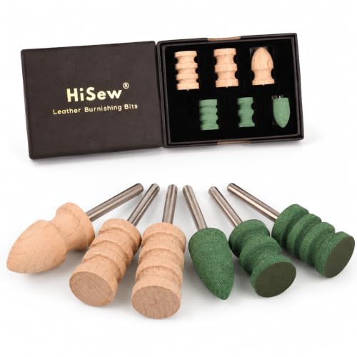 Hisew Leather Edge Burnishing Bits – Standard Set of 6 for Smoothing & Polishing Medium-Firm Leather Edges, Like Veg-Tan (400 Grit Sanding Bits + Beechwood Burnishers), Compatible with Rotary Tools