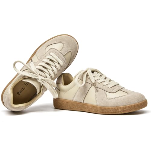 BEAU TODAY Fashion Sneakers Women, Leather Flat Sneakers, Casual Lace Up Retro Comfortable Shoes for Tennis Walking Runnig Trainer2