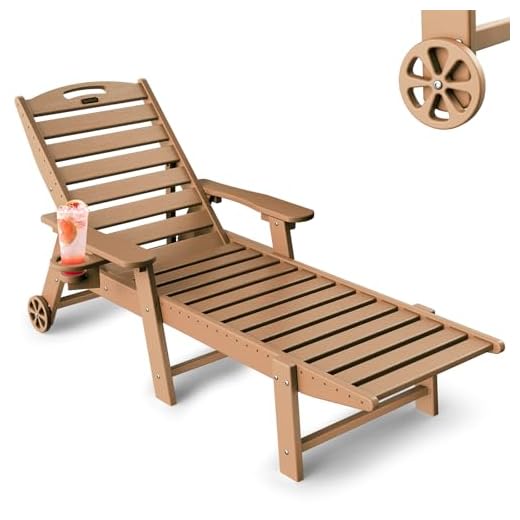 SUUNYN Lounge Chair Outdoor, Chaise Lounge Chair Outdoor, HDPE 6-Position Outdoor Chaise Lounge, Patio Lounge Chair with Wheels & Cup Holder for Pool Poolside Deck Backyard, Teak