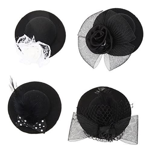 KICHOUSE 4pcs Miniature Tea Party Hats Black Mixed Styles Dolls Dress up Accessories for DIY Craft Fun
