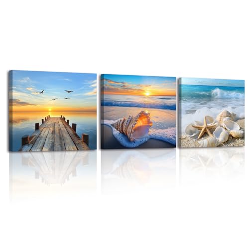 Piy Painting 3 Pièces Tableau Déco Murale Moderne Plage de Mer Impression Painting Sur Toile Paysage de Coucher de Soleil Tableaux Decoration Peinture Nature...
