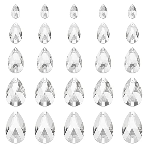 FINGERINSPIRE 80 Pcs 5 Sizes Teardrop Glass Rhinestone Gems with Holes Clear Glass Jewels Embelishments Crystals Flat Back Sew on Rhinestone with Container for DIY Costume Making