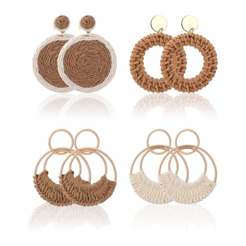 Mikovivi 4 Pares Pendientes Mujer de Paja, Boho Chic Mimbre y para Pendientes de Ratán Tejidos a Mano Estilo Bohemio Vintage para Playa