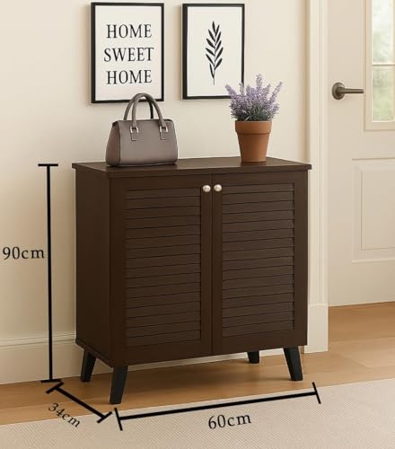 Image of Mevigo Shoe Rack Wooden with Door - 2 Door 4- Tier Engineered Wood Shoe Rack Organizer for Entryway, Hallway & Bedroom, Space Saving Shoe Storage Cabinet -Brown-VB2