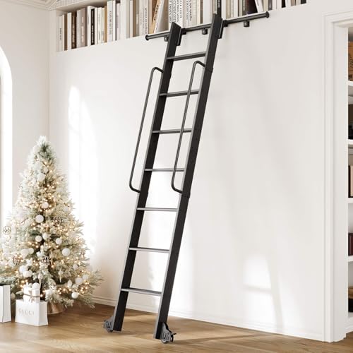 CEAKIAN 8FT Aluminum Rolling Library Ladder with 4FT Sliding Hardware Kit Telescopic Hook Track with Brake Wheel 7 Steps with Handrail 450lbs Capacity Black Easy Assembly for Loft Bookcase Attic Home