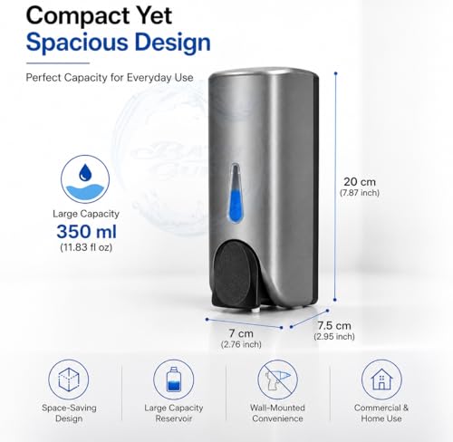 Image of BATH GURU Wall Mounted Soap Dispenser 300ml | Manual Liquid Soap Dispenser for Bathroom Kitchen | ABS Plastic Hand Wash Dispenser with Press Button, Refillable, No Leak | Home & Commercial Use, Grey