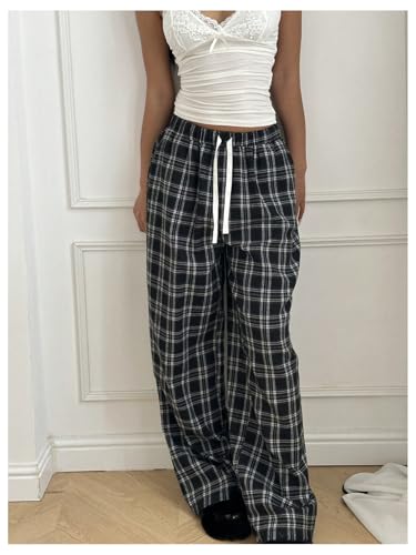 GORGLITTER Women's Plaid Checkered Wide Leg Pants Gingham Drawstring Elastic Waist Pajama Lounge Trousers with Pockets4