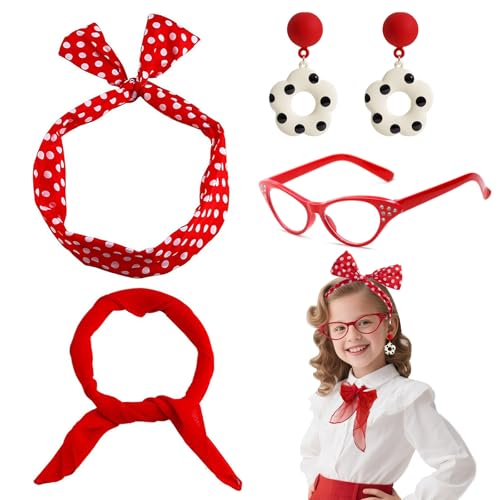 EQLEF Accesorios de disfraces de los años 50 Disfraces de grasa para niñas, accesorios de vestir retro de 4 piezas Pendente de flores de punto de polka Gafas de ojo de gato y bufanda de seda (Rojo)