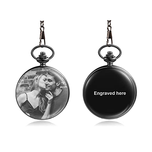 JewelOra Personalized Pocket Watch for Men Women Custom Engraving Name Pocket Watches with Detachable Chain Customized Pocket Watch with Picture Gift for Husband Boyfriend Dad(Black-9)
