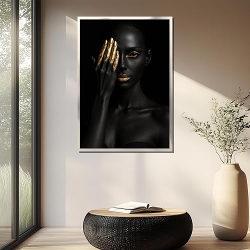 Tableau sur toile femme noire maquillage doré art mural africain salon portrait minimaliste de luxe - 2