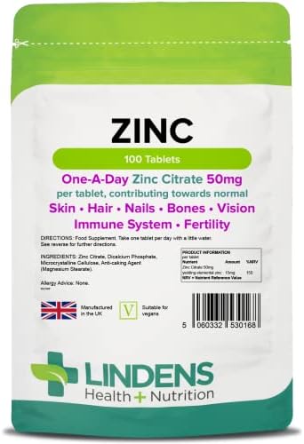 Lindens Zinc Citrate 50mg - 100 Vegan Tablets - Immune Function, ...