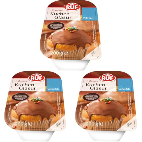 RUF Kuchen-Glasur Vollmilch-Schokolade, 200g im Becher, mikrowellengeeignet, zum Glasieren & Dekorieren von Plätzchen, Muffins & Kuchen, glutenfrei (Packung mit 3)