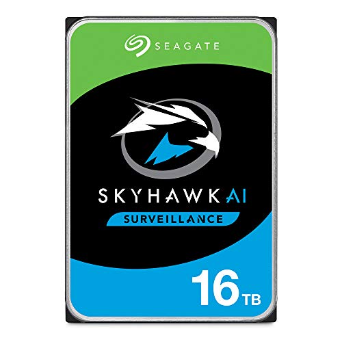 Seagate SkyHawk AI, 16 TB, Unidad Disco Duro Interna de Vigilancia, SATA a 6 GB/s, Caché de 256 MB, DVR, Sistema de cámaras de seguridad NVR y 3 años de servicios Rescue (ST16000VE000)